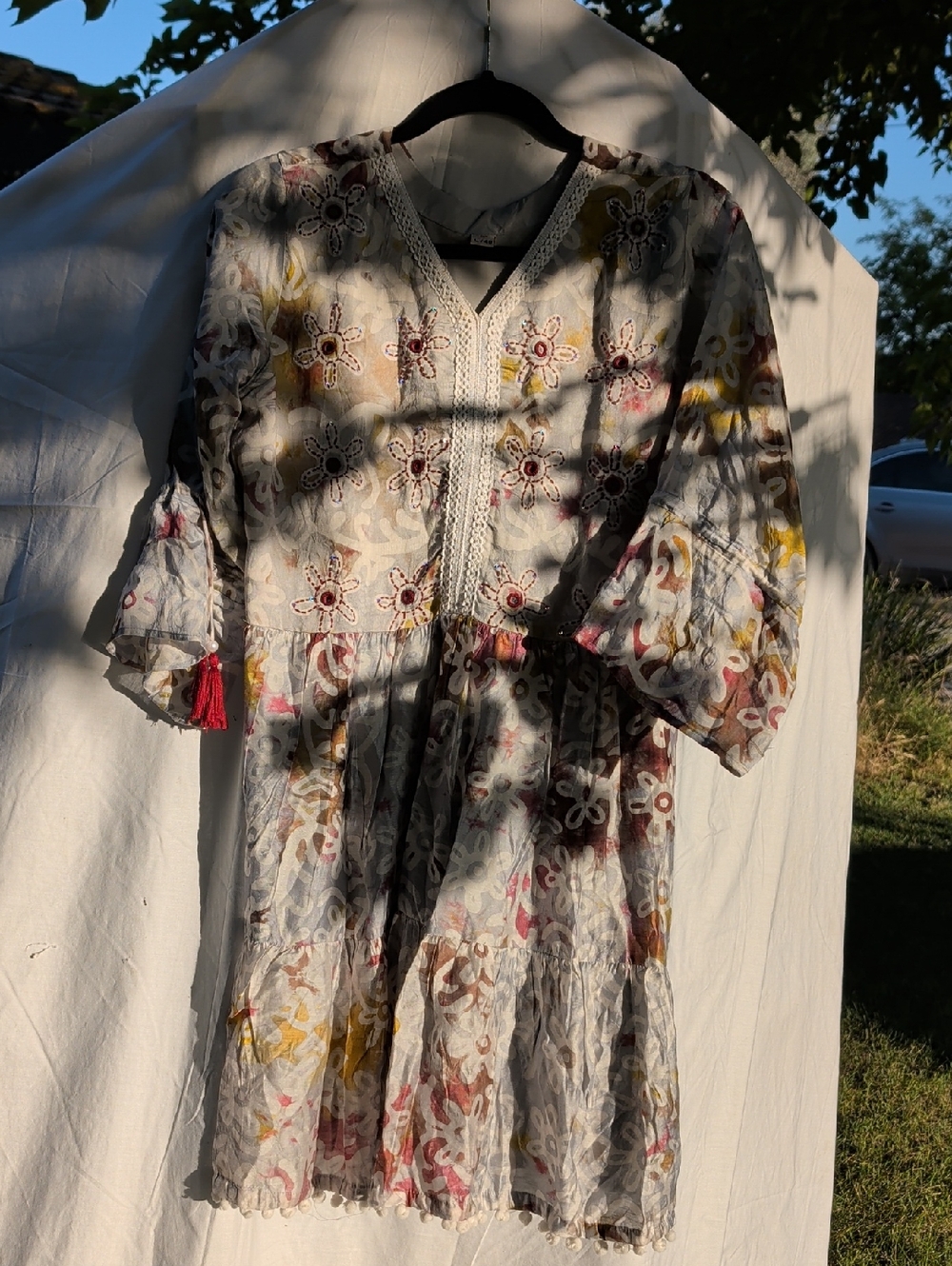 Boho Embroidered Floral V-Neck Tunic Dress in Cream and Multicolor